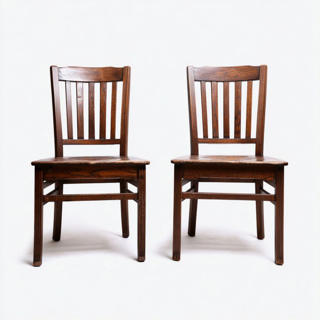 Deux chaises en bois massif marron foncé avec dossier vertical