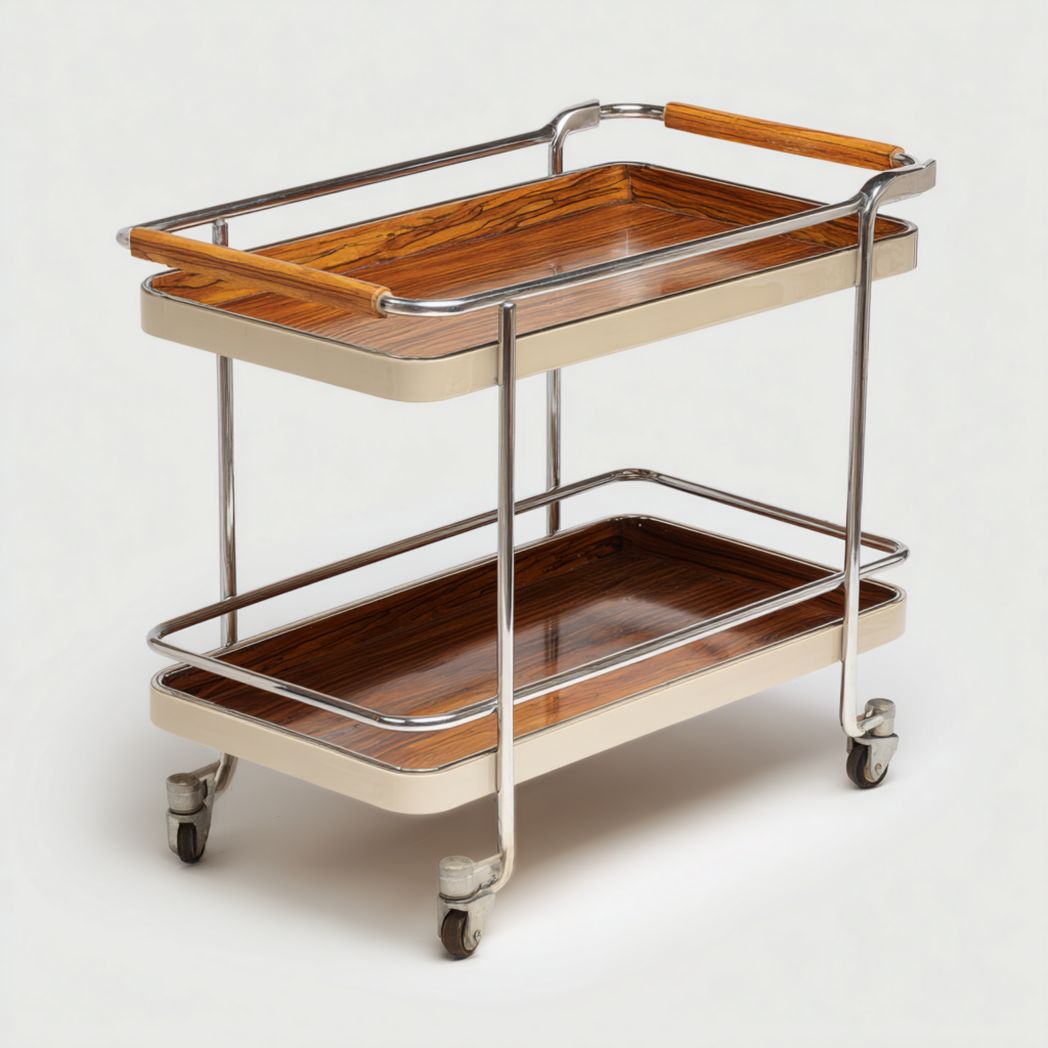 Chariot de service avec étagères en bois, bord beige et structure en métal argenté, à deux niveaux