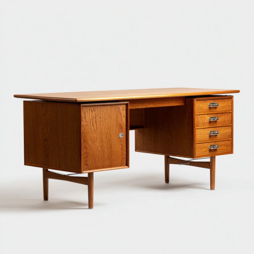 Bureau en bois brun avec quatre tiroirs et un compartiment à porte, structure rectangulaire