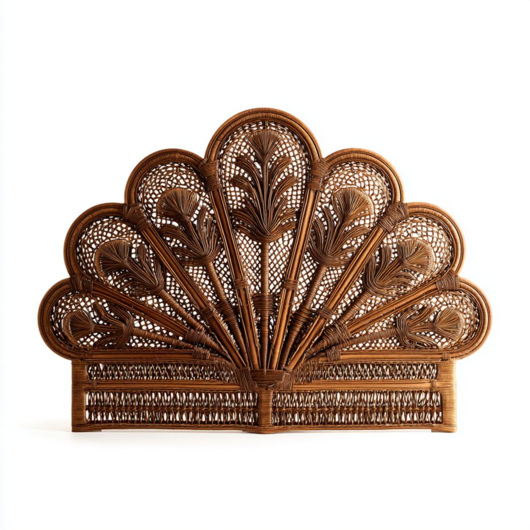 Tête de lit en rotin marron en forme d'éventail et motif tissé