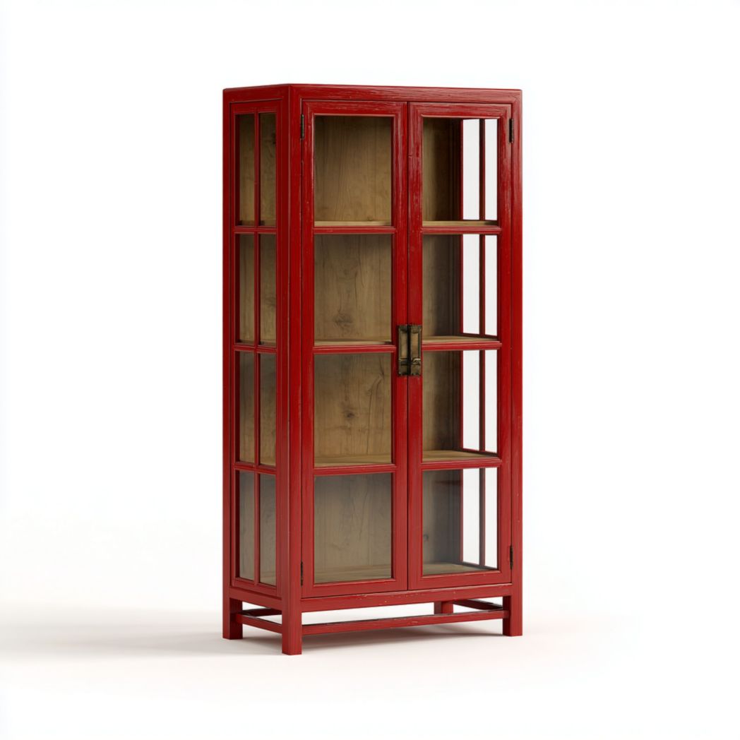 Vitrine en bois rouge avec deux portes vitrées et corps rectangulaire