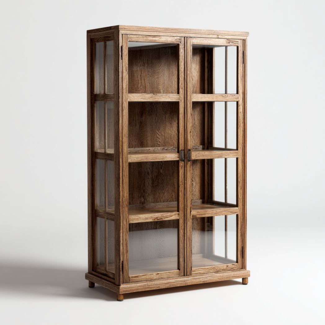 Vitrine en bois marron avec deux portes vitrées, étagères et panneaux latéraux en verre