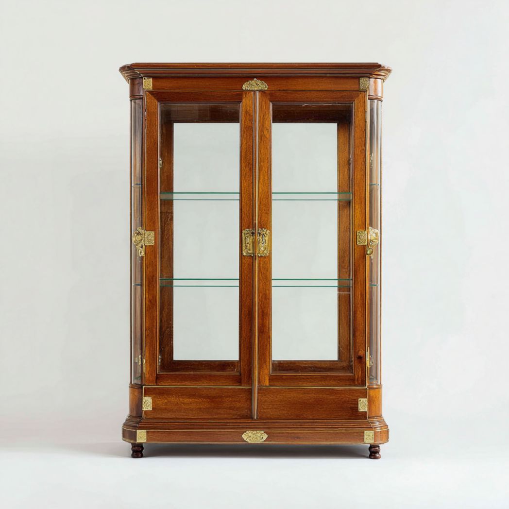 Vitrine en bois avec deux portes vitrées, décorations en métal et étagères en verre