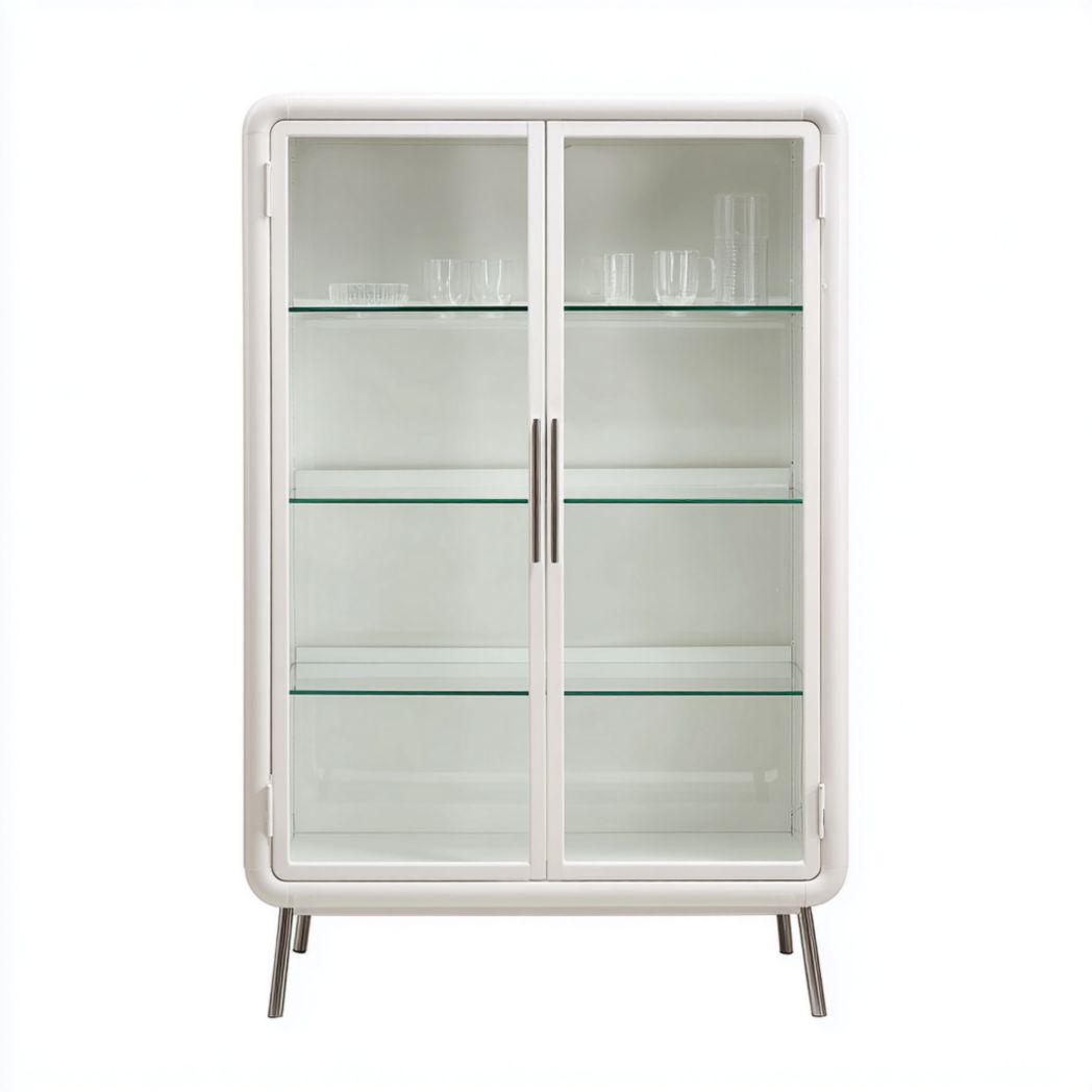 Vitrine avec structure en métal blanc, deux portes vitrées et trois étagères en verre