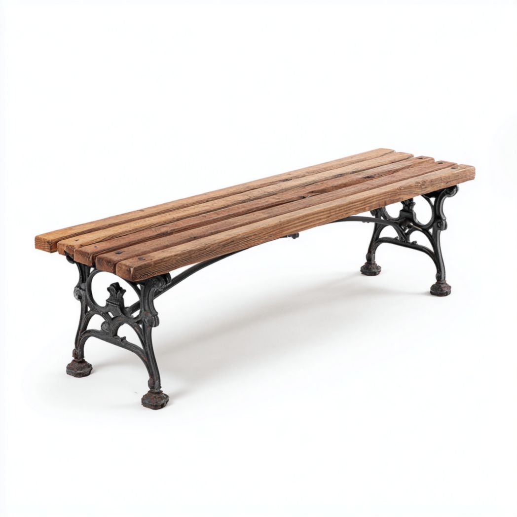 Banc en bois et métal avec assise à lattes sans dossier