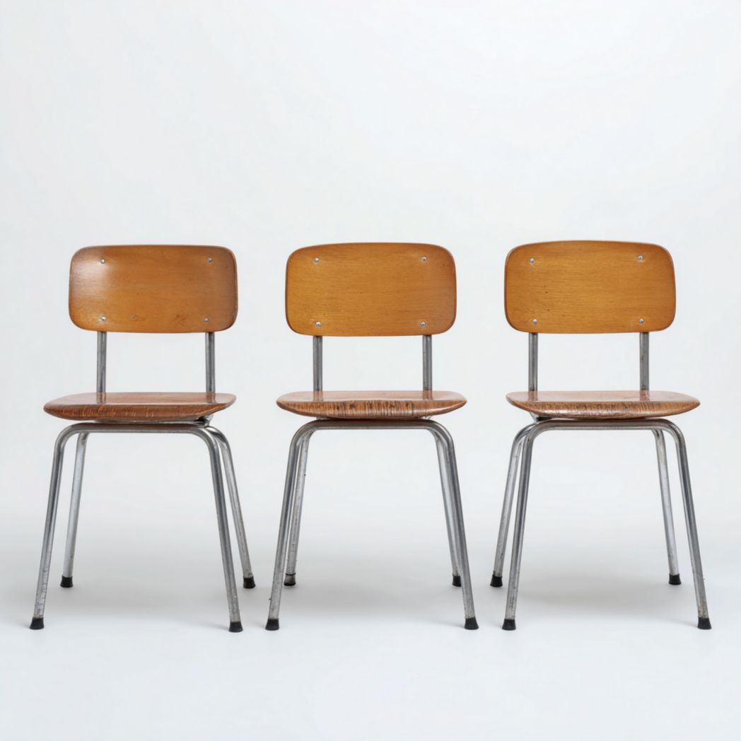 Trois chaises en bois marron avec dossier et pieds en métal