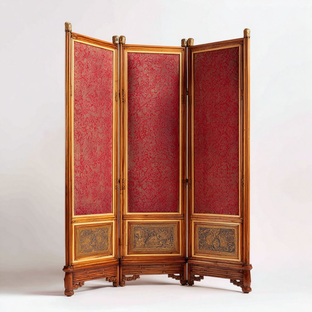 Paravent en trois parties avec cadre en bois, tissu rouge et panneaux sculptés dans la partie inférieure