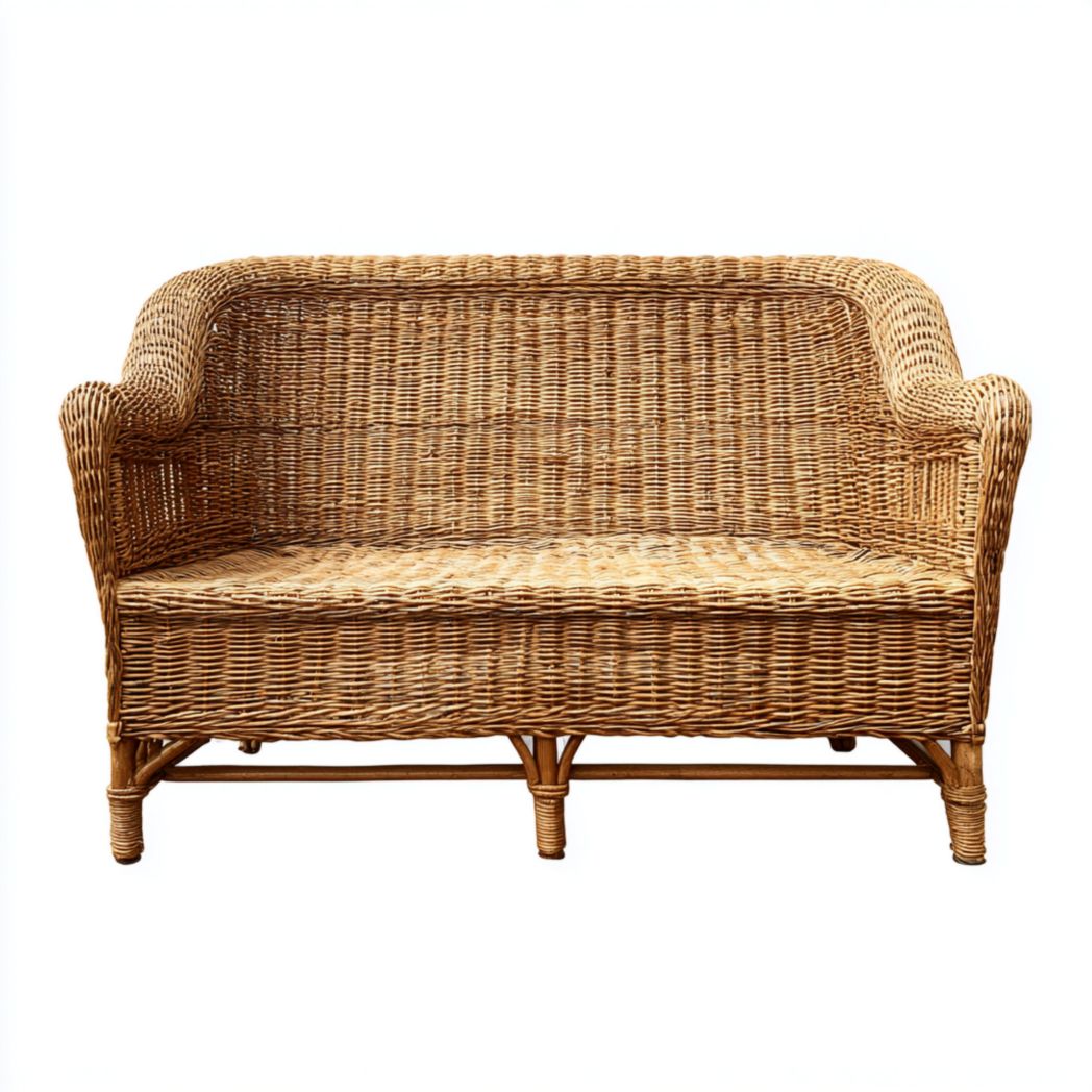 Banc deux places en rotin marron clair avec dossier et accoudoirs