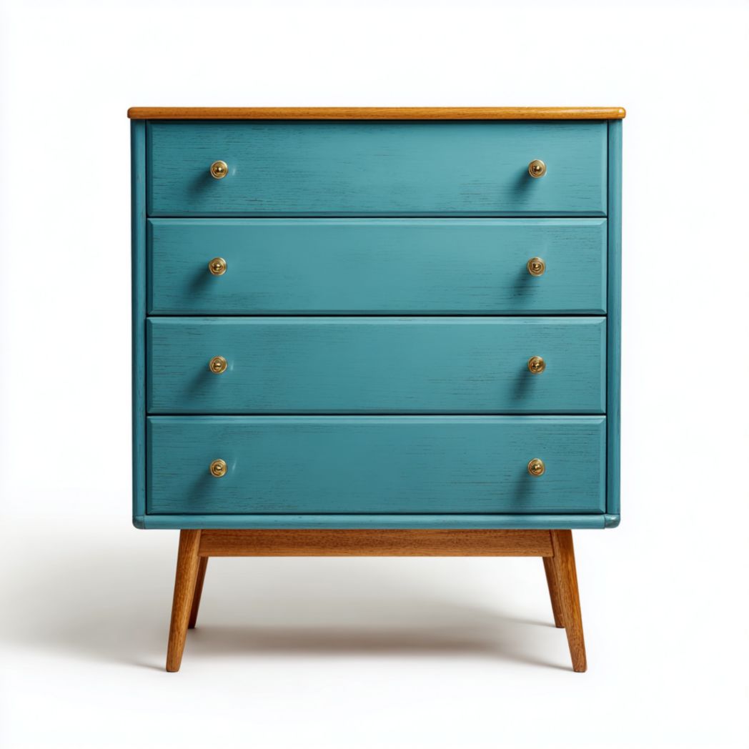 Commode bleu-vert avec structure en bois, quatre tiroirs et poignées rondes en laiton