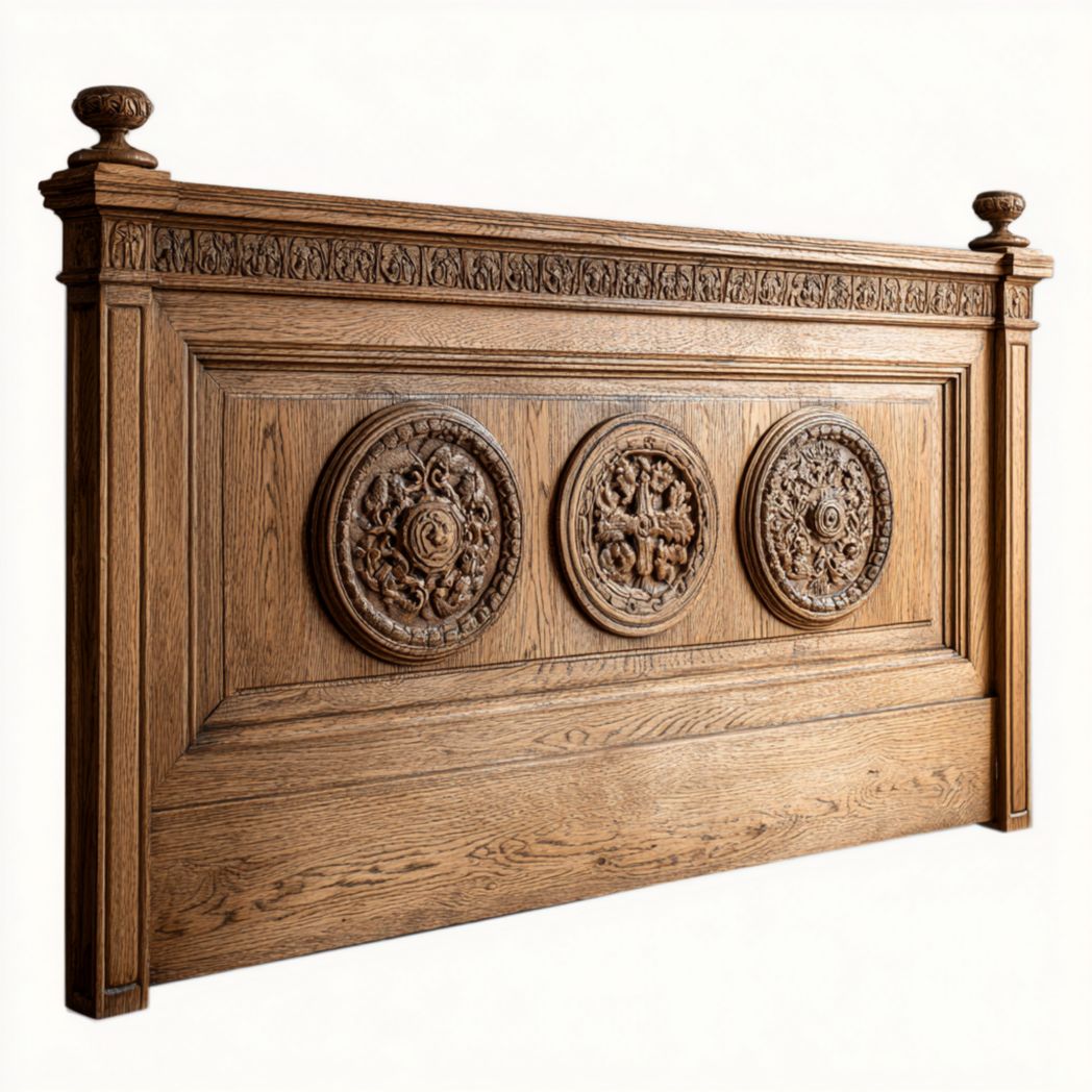 Tête de lit rectangulaire en bois massif marron avec trois ornements ronds en relief