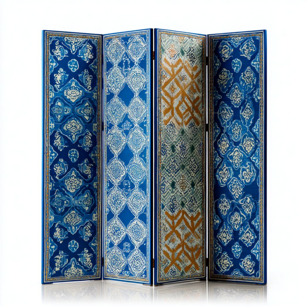 Paravent en quatre parties avec cadre en bois et tissu bleu et or à motifs géométriques