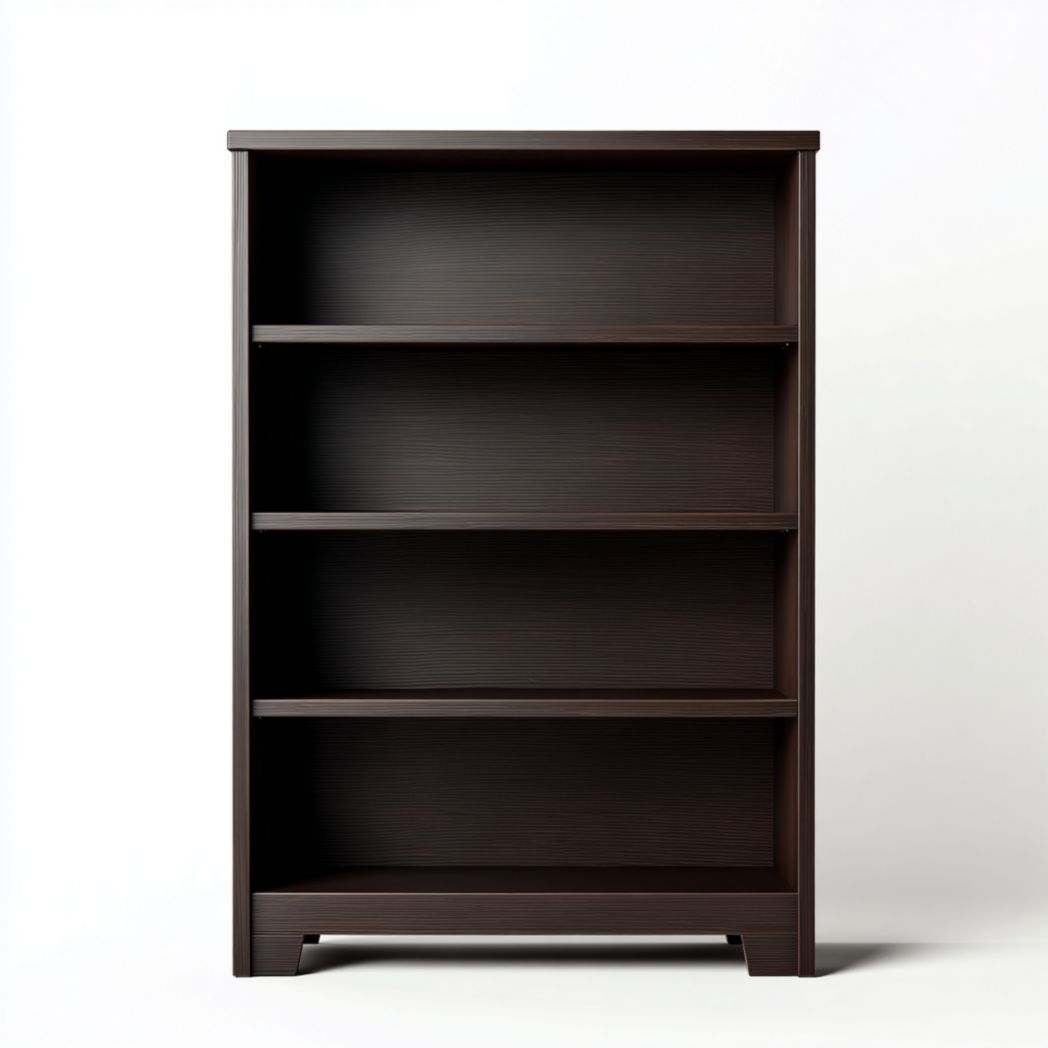 Bibliothèque en bois brun foncé à quatre niveaux, structure rectangulaire