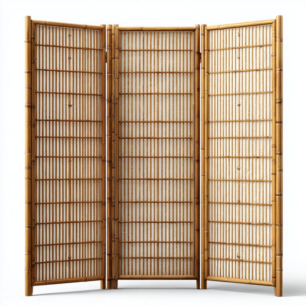 Paravent pliant en trois parties en bambou avec cadre en bois et remplissage beige