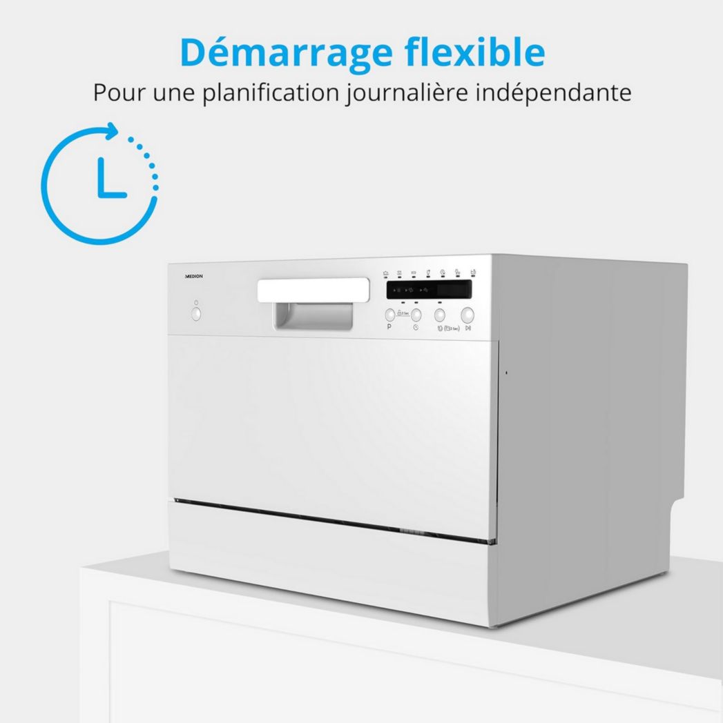 Lave-vaisselle de table MEDION (capacité 6 couverts, 7 programmes de nettoyage, affichage LED, 47 dB, MD37496) blanc
