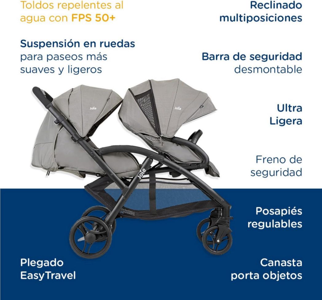 Joie - Evalite™ Duo - Poussette double - Siège arrière inclinable - Pliage facile et compact - Compatible siège auto - Suspension 4 roues - Harnais SoftTouch 5 points - Convient dès la naissance