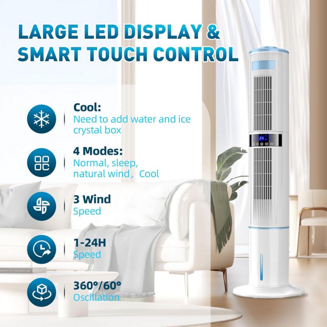 Climatiseur portable silencieux avec humidificateur, ventilateur, 2 sorties d'air, oscillation à 360°, 65 W, minuterie 24 h, 3 vitesses, 4 modes, télécommande pour chambre ou bureau