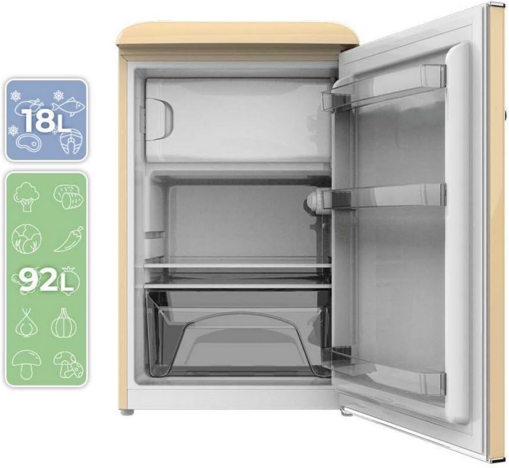 Mini-réfrigérateur Cecotec Bolero CoolMarket TT Origin 45 Rouge. Réfrigérateur de table rétro 45 L, 55 cm de haut, 44,7 cm de large, classe énergétique E, bac à glaçons et poignée chromée, rouge.