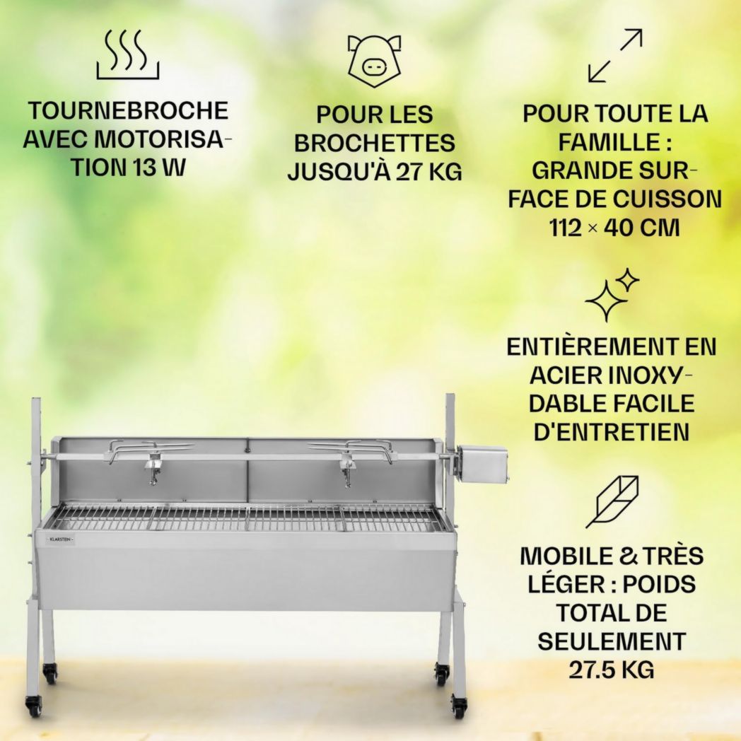 Rôtissoire électrique Klarstein, rôtissoire et barbecue, grande broche à cochon de lait, rôtissoire, barbecue 12 W avec 3 pieds en acier inoxydable