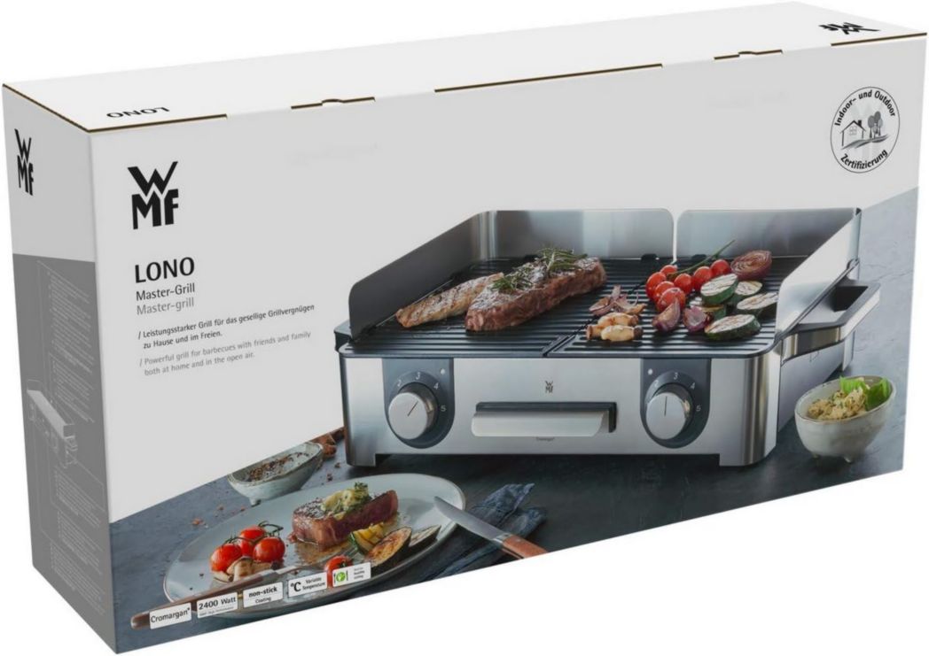 WMF Master-Grill électrique, 2400W, Grande surface 28x50cm, Revêtement antiadhésif, Plaques amovibles lavables au lave-vaisselle, Acier inoxydable Cromargan 18/10, Lono 0415280011