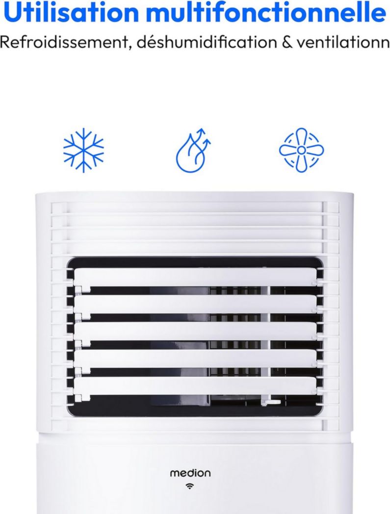 Climatiseur mobile intelligent MEDION P1002 (10 000 BTU, 3 en 1, refroidissement, déshumidification, ventilation, jusqu'à 34 m², kit de joint de fenêtre, mode veille, contrôle Wi-Fi, télécommande, écran, MD 37733)
