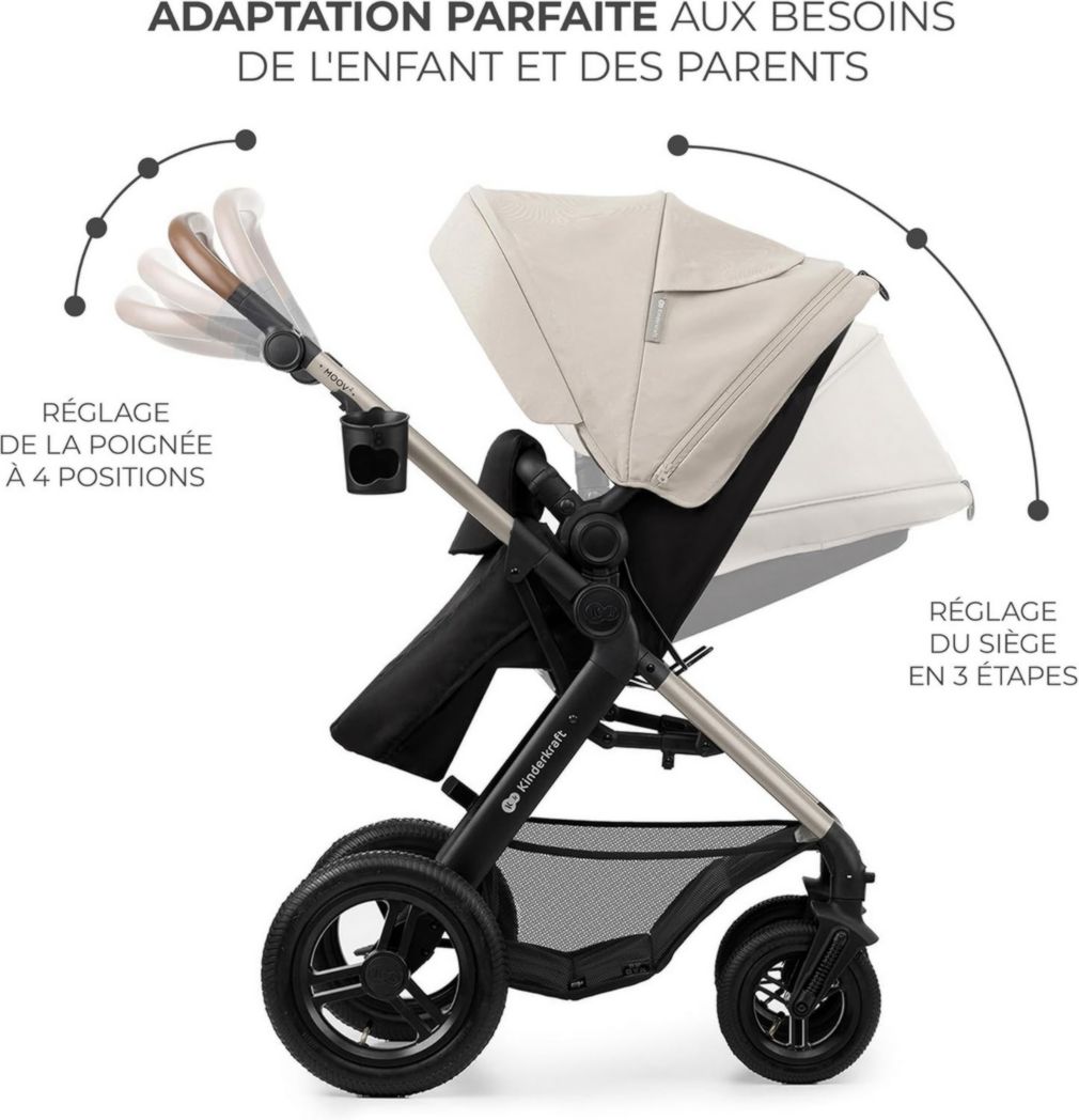 Poussette 3-en-1 Kinderkraft MOOV2, système de voyage de la naissance à 27 kg, siège auto Mink PRO I-Size inclus, pare-soleil extensible avec filtre UPF50+, accessoires pratiques, gris