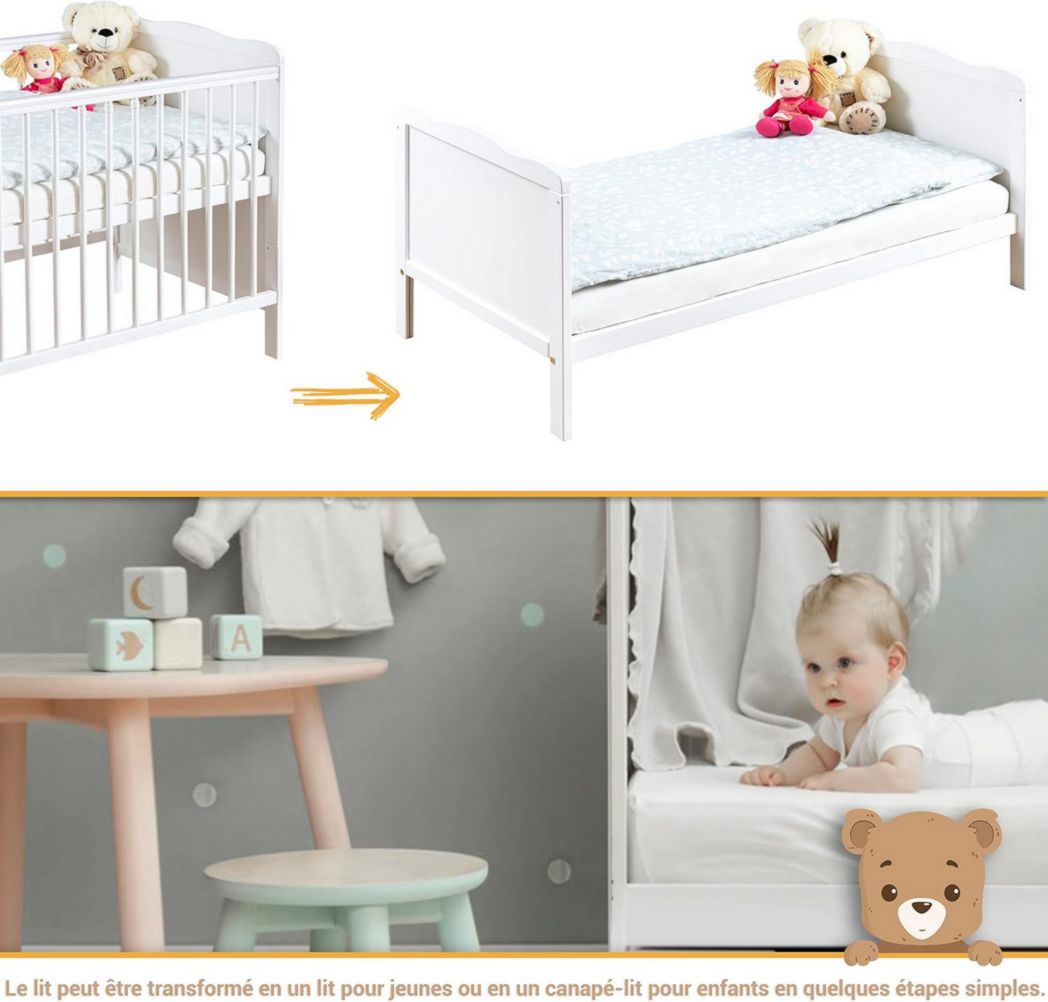 Lit bébé moto-MOLTICO 60x120 cm avec tiroir – Lit en bois réglable en hauteur, transformable en lit enfant avec barrières de sécurité – Lit bébé pour filles et garçons