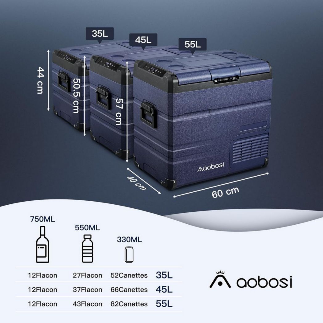 Glacière à compresseur AAOBOSI 46 L, glacière électrique à deux zones, 12 V/24 V et 100-240 V, réfrigérateur de camping, -20 °C à 20 °C, pour voiture, camion, bateau, camping-car