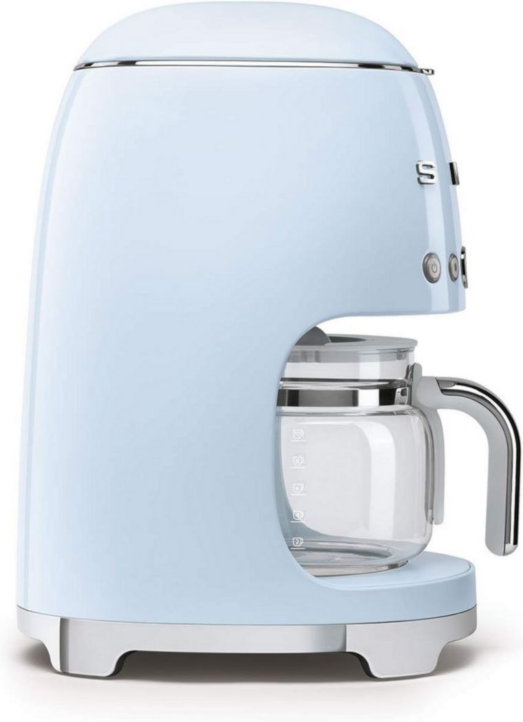 Smeg, DCF02PBEU, cafetière filtre, arôme et démarrage automatique, verseuse en verre jusqu'à 12 tasses, 2 niveaux d'intensité, maintien au chaud, 1050 W, bleu clair pastel
