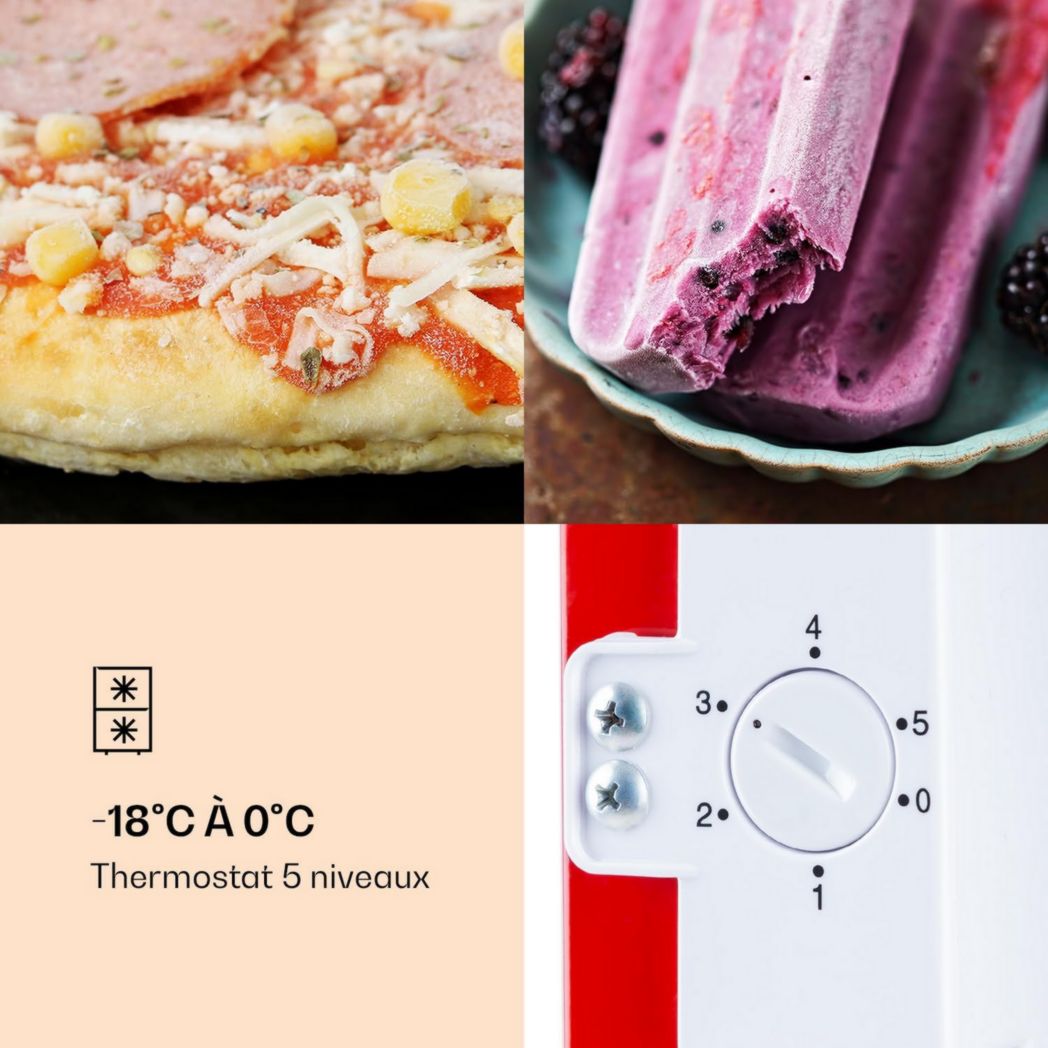 KLARSTEIN Laika - Congélateur, volume total 60 litres, thermostat 5 niveaux, 0 à -18°C, 3 clayettes, pose libre, design rétro - rouge