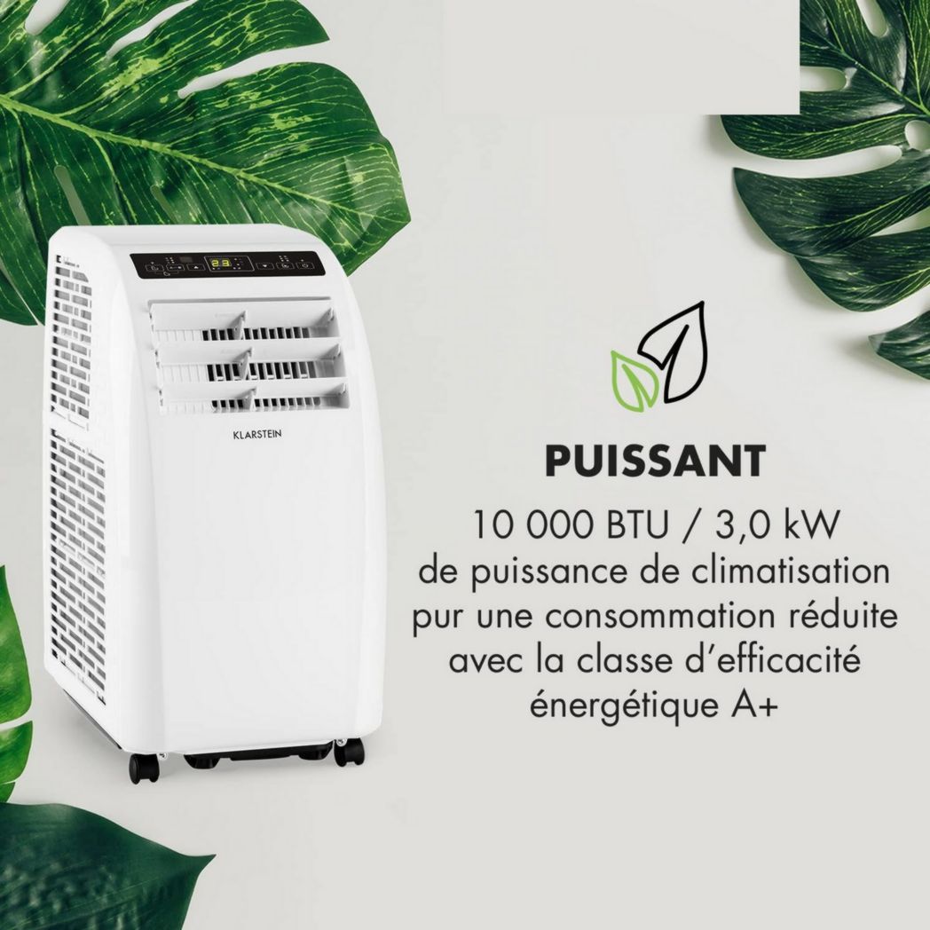 Climatiseur mobile silencieux Klarstein, 4 en 1, mode nuit, déshumidificateur, ventilateur, mini climatiseur basse consommation, évacuation, climatiseur portable, puissant, 10 000 BTU