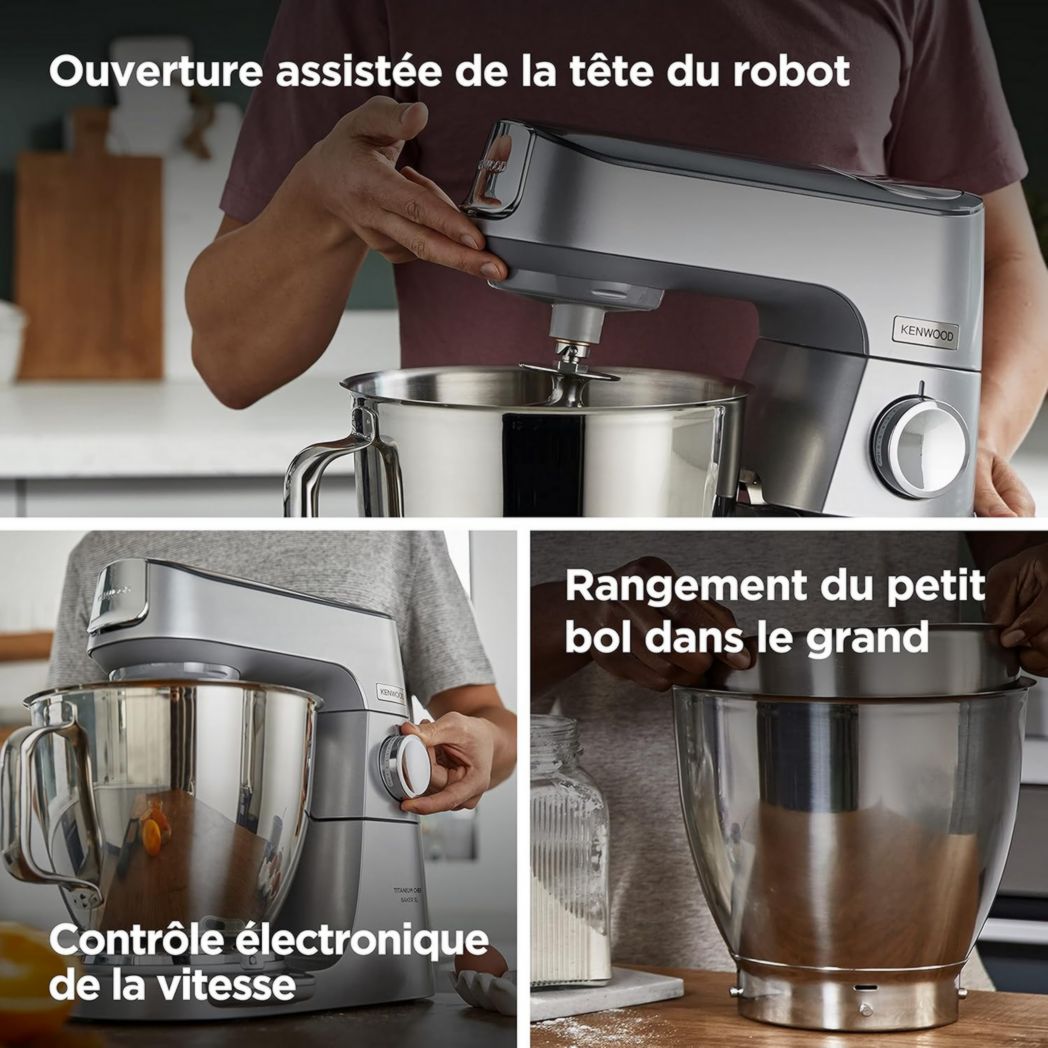 Robot pâtissier Kenwood Titanium Chef Baker XL, avec batteur K-Beater, crochet pétrisseur, fouet et bol de 7 litres, KVL85.424SI, 1 200 W, argent