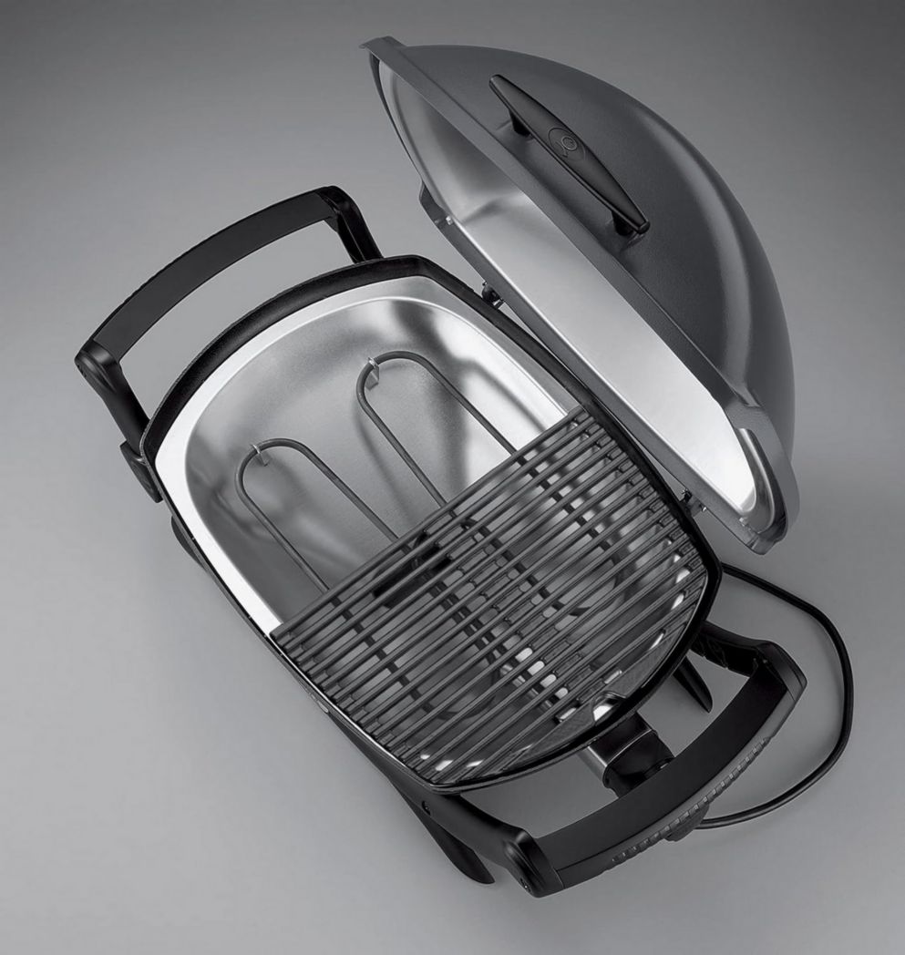 Barbecue électrique Weber Q2400 avec support et tablettes latérales, surface de cuisson 54 x 39 cm, grille en fonte émaillée (2 parties), couvercle et cuve en fonte d'aluminium - Gris foncé (55020053)