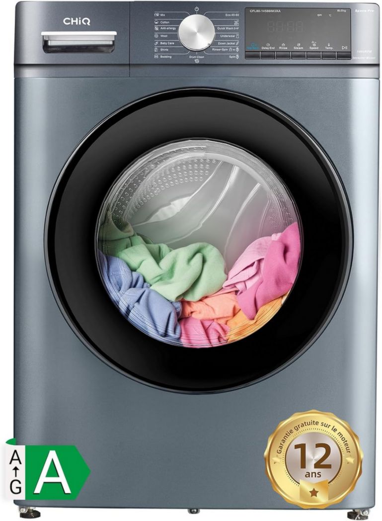 Lave-linge CHIQ CFL80-14586IM3XA, chargement frontal, 8 kg, Space Pro, moteur Inverter stable, 1400 tr/min, programme Smart AI, fonction vapeur, lavage rapide 15 minutes, 15 cycles de lavage, gris