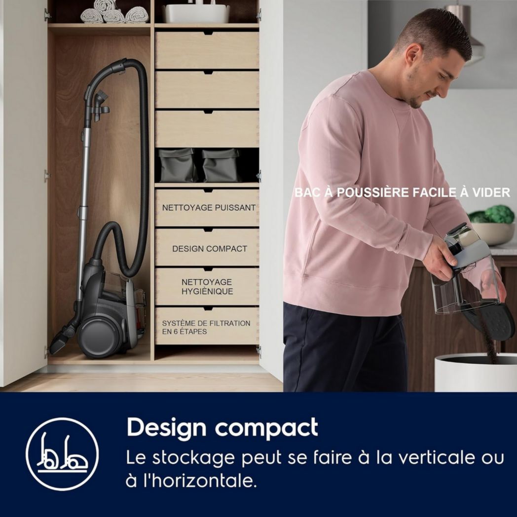 Electrolux Animal 600, aspirateur traîneau sans sac, accessoires pour poils d'animaux, filtration en 6 étapes, gain de place, technologie cyclonique, 55 % de matériaux recyclés, EL61A4UG, gris
