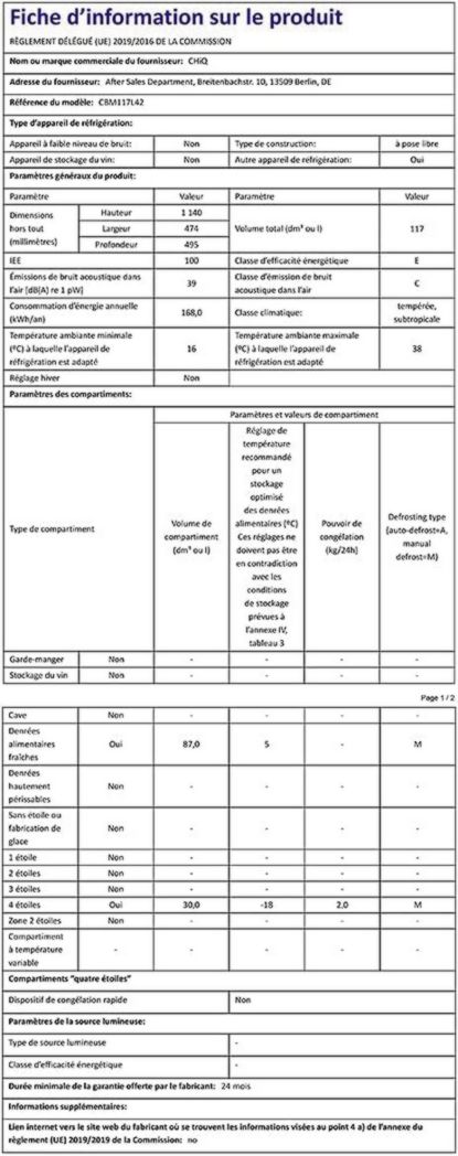 Réfrigérateur congélateur inférieur CHIQ CBM159LEBD 157 litres (109 + 48) Low Frost, faible bruit, refroidissement rapide, faible encombrement