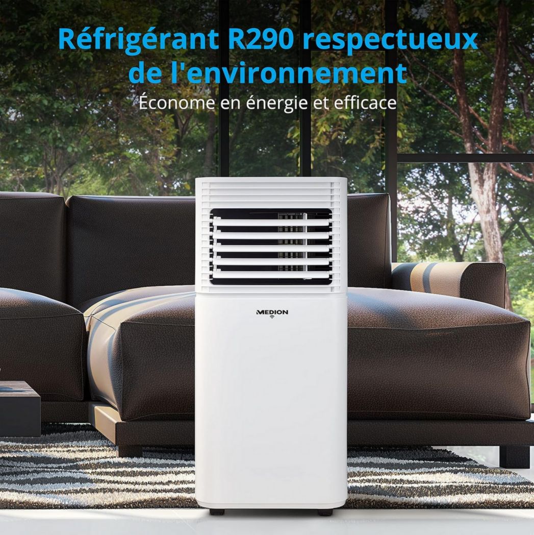 Climatiseur mobile intelligent MEDION P1002 (10 000 BTU, 3 en 1, refroidissement, déshumidification, ventilation, jusqu'à 34 m², kit de joint de fenêtre, mode veille, contrôle Wi-Fi, télécommande, écran, MD 37733)