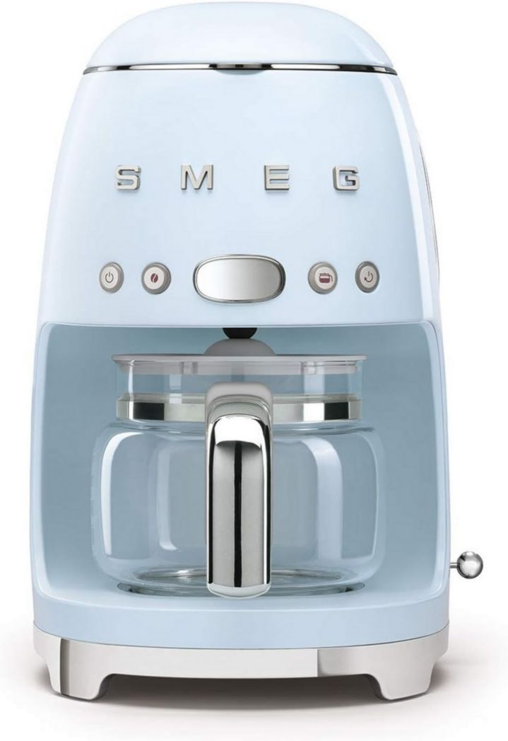 Smeg, DCF02PBEU, cafetière filtre, arôme et démarrage automatique, verseuse en verre jusqu'à 12 tasses, 2 niveaux d'intensité, maintien au chaud, 1050 W, bleu clair pastel
