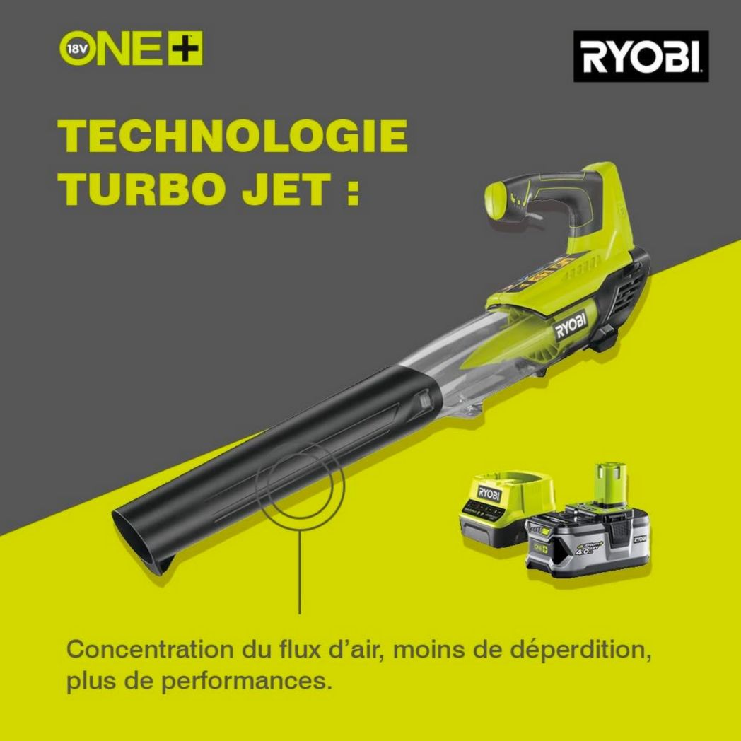 RYOBI - Souffleur aspirateur broyeur sans fil 18 volts ONE+, sans balais - 201 km/h (livré sans batterie) - OBV18
