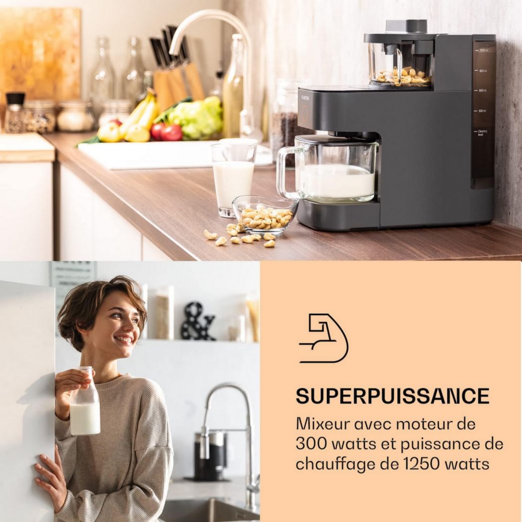 Klarstein Mixer, robot pâtissier de 300 et 1250 watts de puissance, pour préparer des laits végétaux et des smoothies avec technologie de chauffage à 360°, 30 000 tr/min, écran tactile, noir