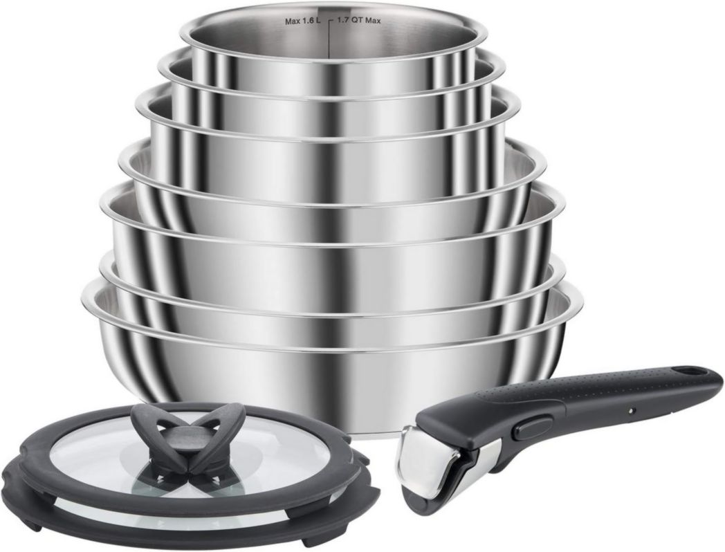 Batterie de cuisine Seb Compact Inox 10 pièces, Induction, poêles 22/24/26 cm, casseroles 16/18/20 cm, sauteuse 24 cm, couvercles 18/20 cm, 1 poignée L953SA04, Noir, argent, ‎35,4 x 35,29 x 26,8 cm