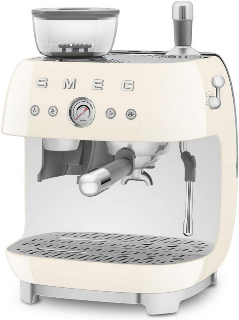 Machine à expresso manuelle Smeg EGF03CREU, avec moulin à grains intégré, thermoblock, 4 niveaux de température, buse vapeur et manomètre, réservoir 1 L, dimensions compactes, 1350 W, couleur crème