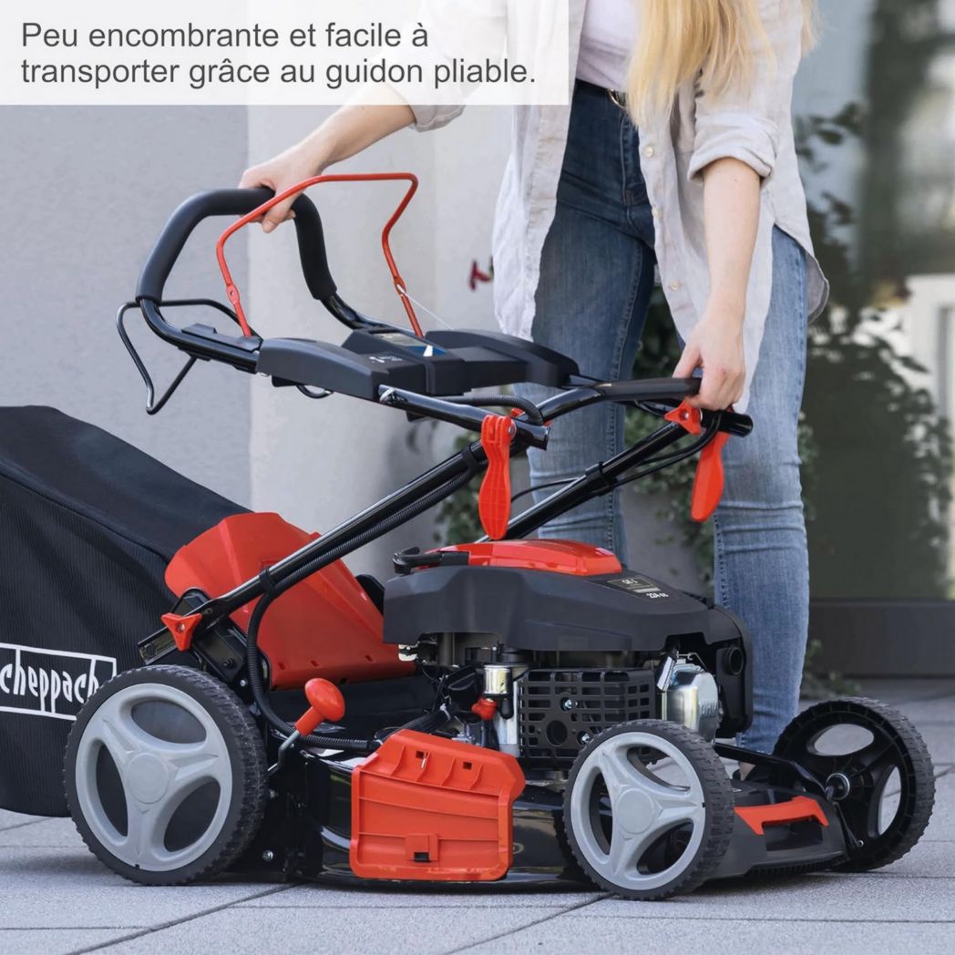 Tondeuse hybride Scheppach MS225-53E – Moteur 4 temps 224 cm³ / 6 CV – 4 400 W – Largeur de coupe 53 cm – Démarrage électrique – Bac de ramassage 65 L – Batteries, chargeurs, huile inclus