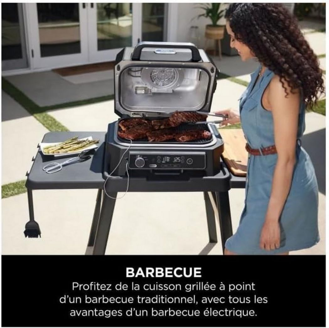 Barbecue et fumoir électrique Ninja Woodfire Pro XL avec thermomètre, barbecue d'extérieur 4 en 1 et friteuse à air avec système de cuisson intelligent et granulés de bois, portable, gris/noir, OG850EU