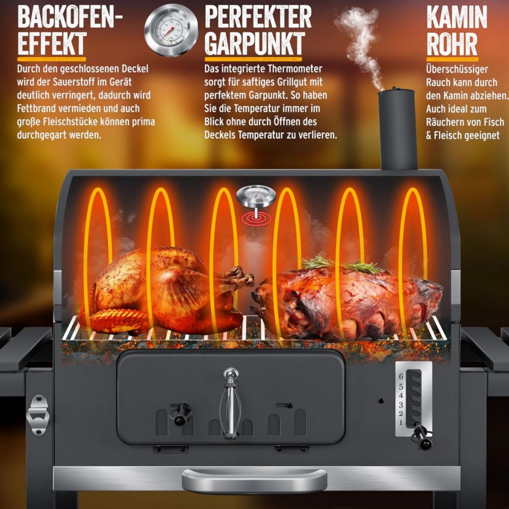 Chariot barbecue KESSER® | Barbecue à charbon XL avec couvercle, roulettes, poignée en acier inoxydable, grille et thermomètre | Grand barbecue à charbon