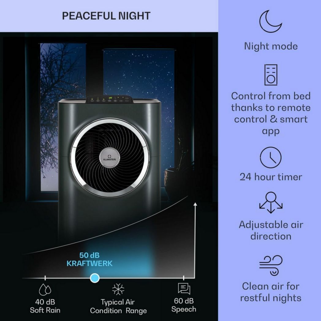 Climatiseur portable silencieux Klarstein, climatiseur portable 5 en 1, mini climatiseur, purificateur et éliminateur d'odeurs, mode nuit, déshumidificateur d'air, faible consommation, 10 000 BTU, climatiseurs