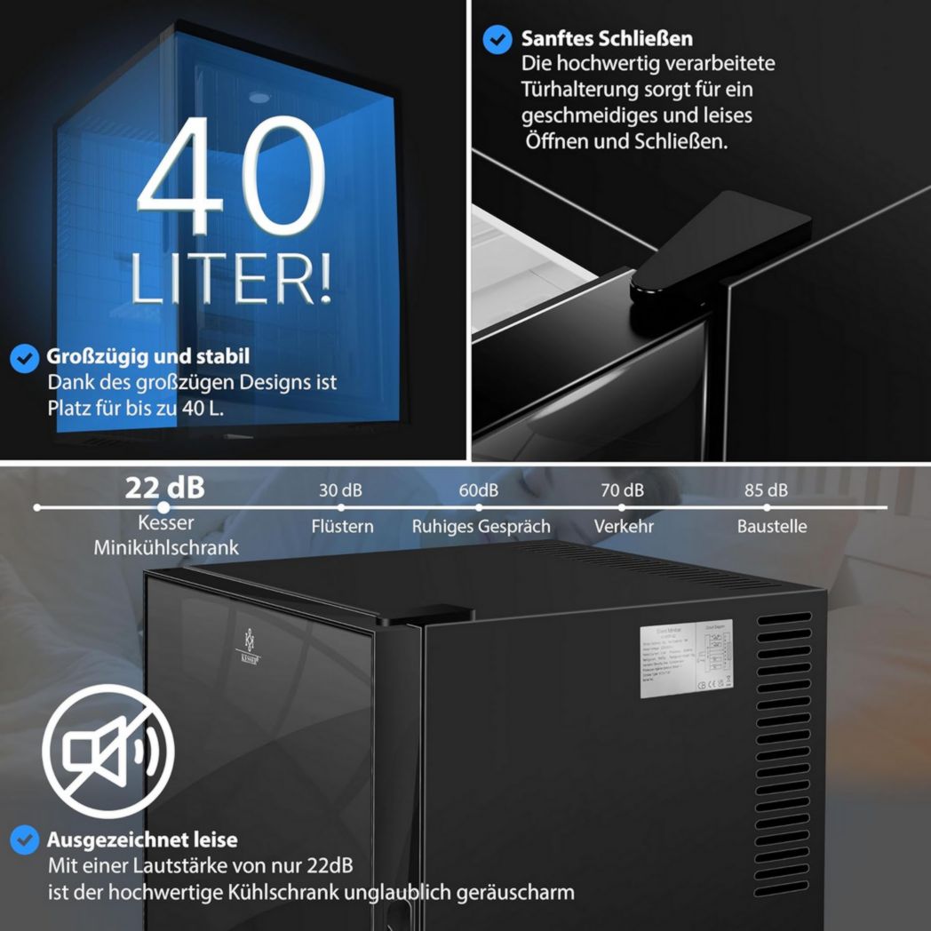 Mini-réfrigérateur KESSER® avec serrure, mini-bar 40 l, silencieux, 22 dB, verrouillable, chambre, butée de porte amovible, environ 4 à 16 °C, hauteur 57 cm, éclairage intérieur