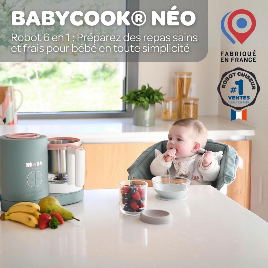 BÉABA, Babycook Néo, Mixeur et Cuiseur Vapeur 6 en 1, Robot Cuiseur Bébé Fabriqué en France, Bol en Verre, Cuve en Inox, Grande Capacité, Diversification des Aliments, Petits Pots Bébé Maison, Rapide, Eucalyptus