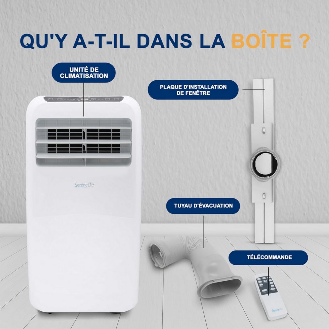 Climatiseur portatif silencieux SereneLife, 9 000 BTU, 3 en 1, avec déshumidificateur intégré, mode ventilateur, télécommande, kit d'extraction complet pour fenêtre, blanc