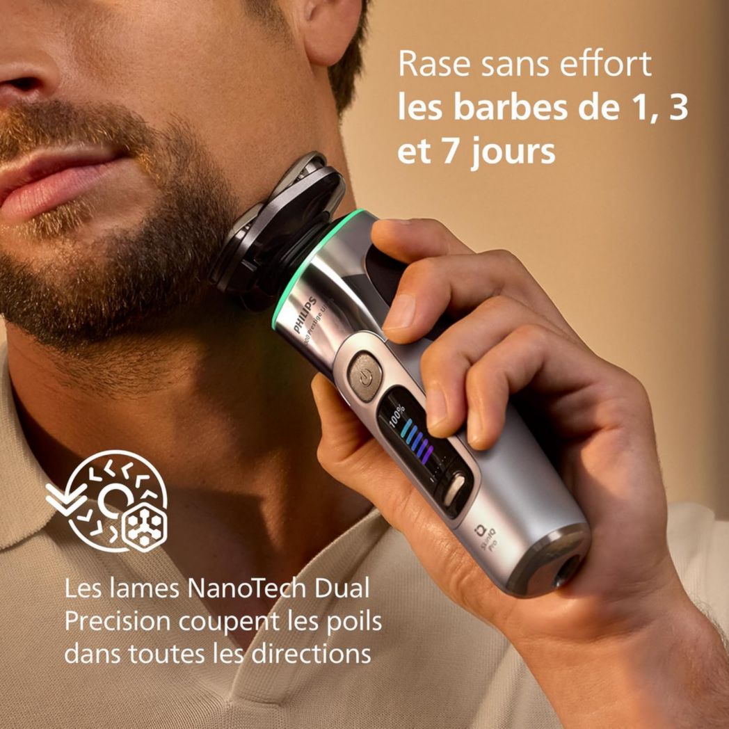 Rasoir Philips i9000 Prestige Ultra, rasoir électrique 100 % étanche, technologie Skin IQ Pro, système Triple Lift & Cut, lames de précision NanoTech rotatives à 360°, 5 modes de rasage, XP9401/38