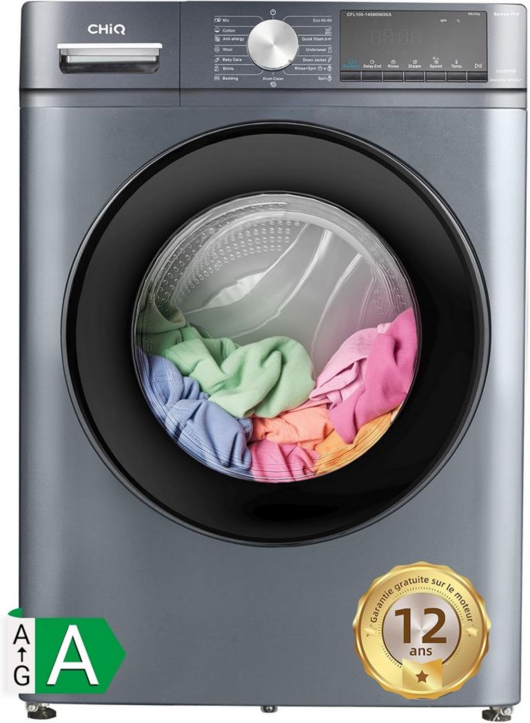 Lave-linge CHIQ CFL80-14586IM3XA, chargement frontal, 8 kg, Space Pro, moteur Inverter stable, 1400 tr/min, programme Smart AI, fonction vapeur, lavage rapide 15 minutes, 15 cycles de lavage, gris